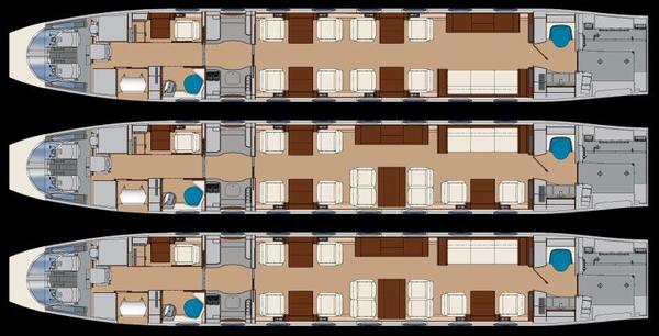 Trois des configurations possible de l'aménagement intérieur du G650