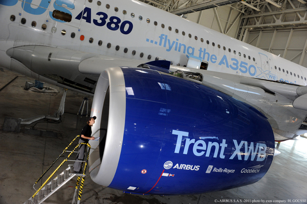 Le moteur Rolls-Royce Trent XWB sur l'Airbus A380 pour les essais en vol