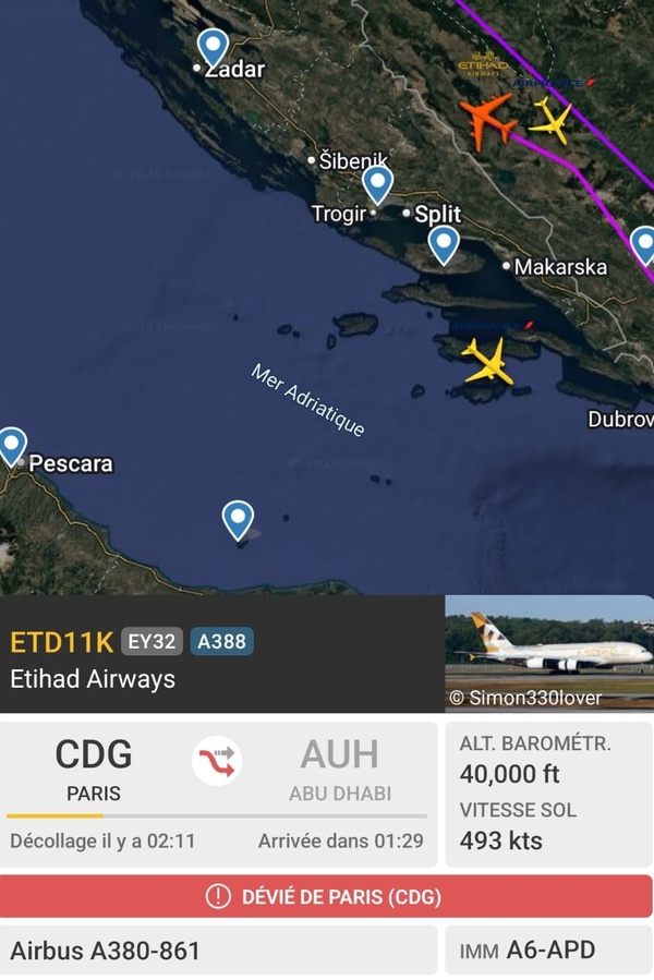  Le 28 février 2026, le vol EY32 d'Etihad Airways entre Paris CDG et Abu Dhabi a été contraint de faire demi-tour